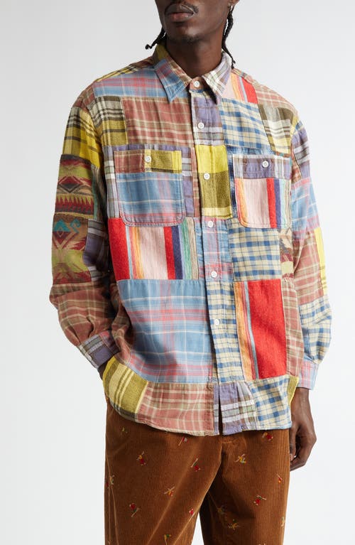 BEAMS Work Patchwork Flannel Button-Up Shirt in Blue/Pink/White 