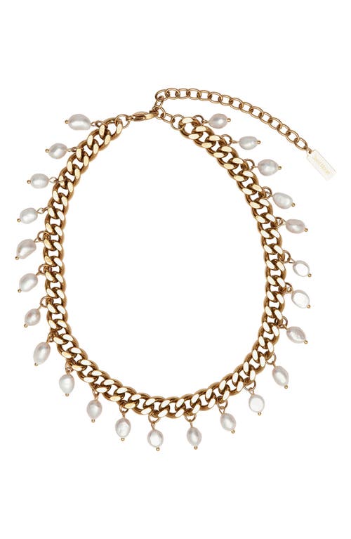 Freshwater Pearl Charm Curb Link Necklace in White/gold