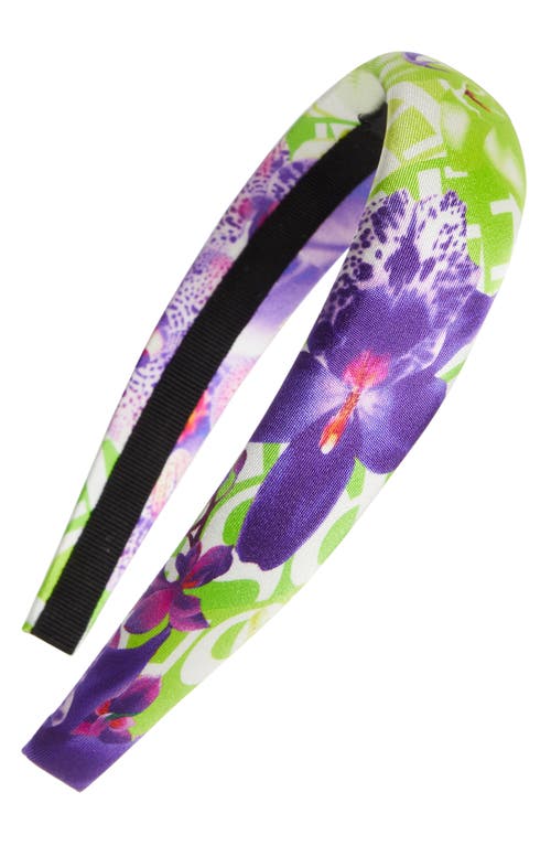 Versace Floral Print Padded Silk Headband in White/Green