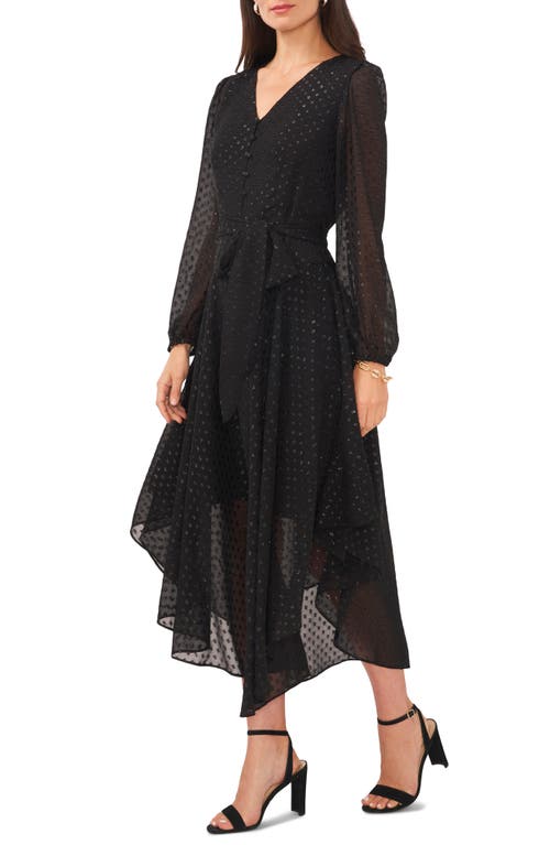 V-Neck Long Sleeve Button-Front Tie Waist Maxi Dress in Black/Black