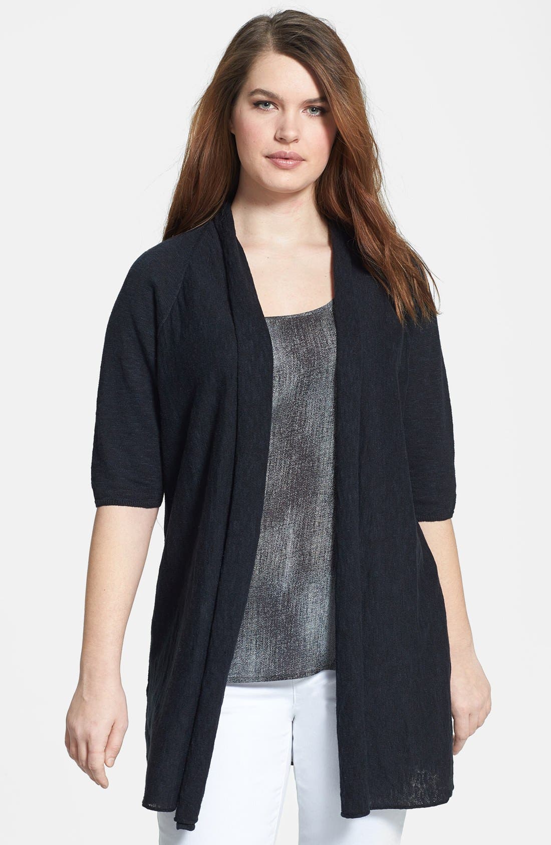 Eileen Fisher Elbow Sleeve Linen & Cotton Cardigan (Plus Size) Nordstrom
