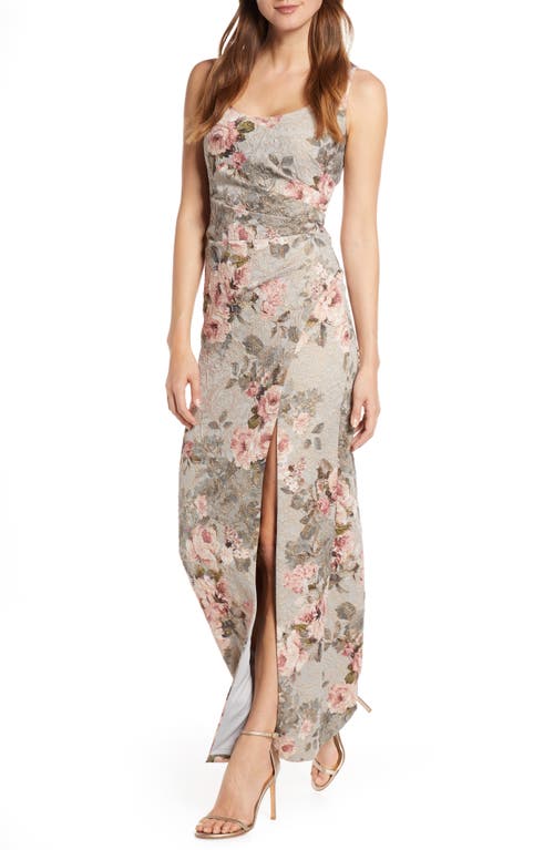 Shop Adrianna Papell Floral Print Brocade Gown In Slate/blush Multi