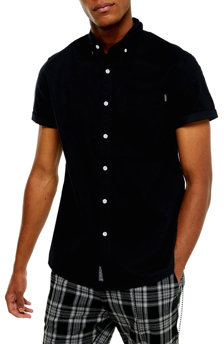 TOPMAN Slim Fit Solid Short Sleeve Button-Down Shirt, Main, color, BLACK