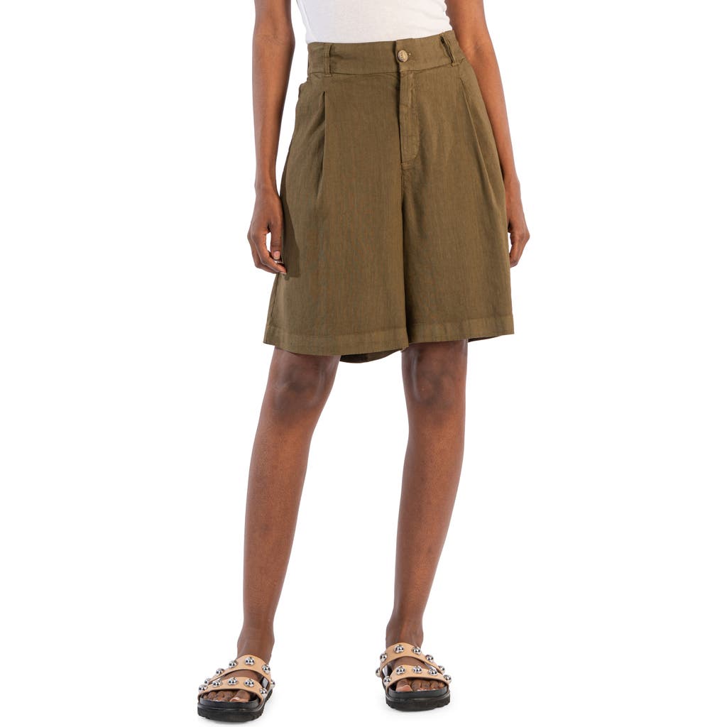 Kut From The Kloth Pleated Linen Blend Shorts In Dark Olive