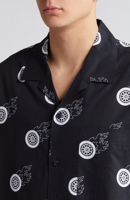 Shop Hugo Boss Hugo Egeeno Flaming Tire Print Camp Shirt In Black