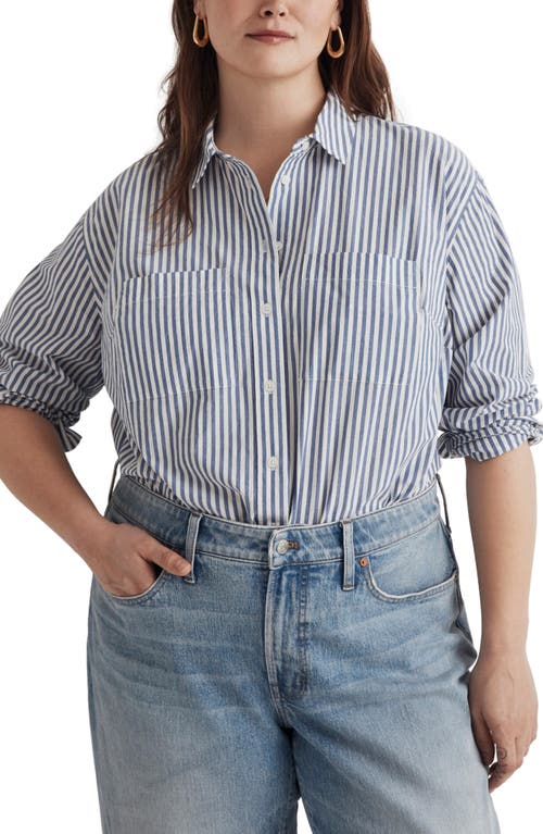 Madewell Stripe Patch Pocket Oversize Poplin Button-Up Shirt in Riverside Stripe Pure Blue at Nordstrom, Size 2X