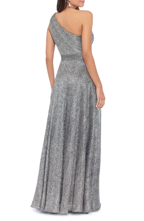 Betsy & Adam Metallic One-shoulder Crinkle Gown In Black/metallic