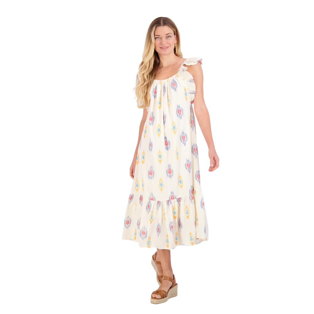 Mer St. Barth Eva Ruffle Sundress In Gold Blue Ikat