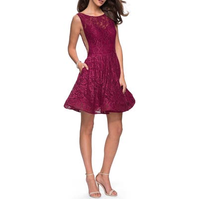 La Femme Lace Fit & Flare Party Dress, Burgundy