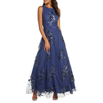 Eliza J Sequin Floral Mesh Gown, Blue