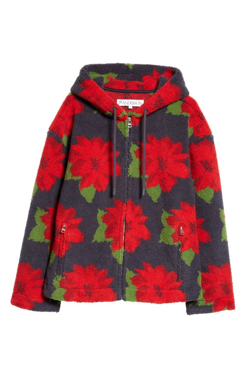 Shop Jw Anderson Floral Jacquard Hooded Fleece Jacket In Navy