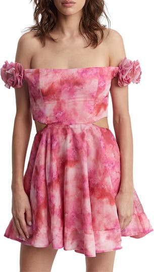 Bardot Strapless Taffeta Mini Dress with Ruffles