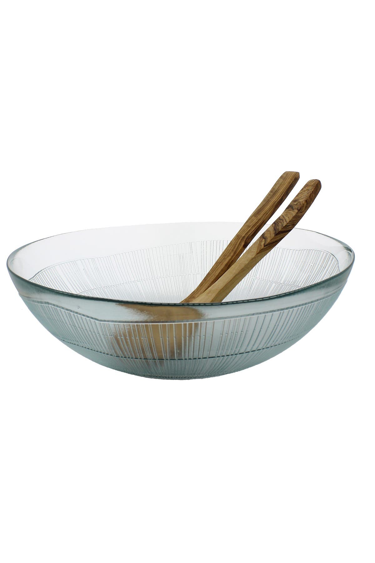 French Home Recycled Glass 3 Piece Birch Salad Bowl And Olive Wood Servers Set In Clear Olive