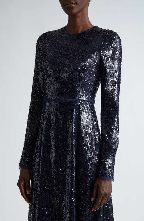 Shop Erdem Sequin Long Sleeve Midi Cocktail Dress In Navy