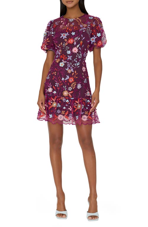 Milly Yasmin Floral Embroidered Puff Sleeve Mesh Fit & Flare Dress in Burgundy Multi at Nordstrom, Size 8