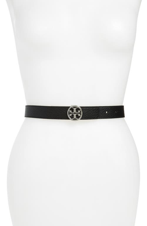 Tory Burch Logo Reversible Leather Belt in Black/Silver at Nordstrom, Size X-Small