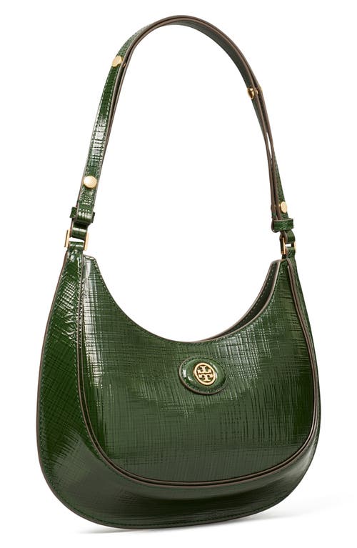 Shop Tory Burch Robinson Crosshatched Leather Convertible Crescent Bag In Dark Everglade