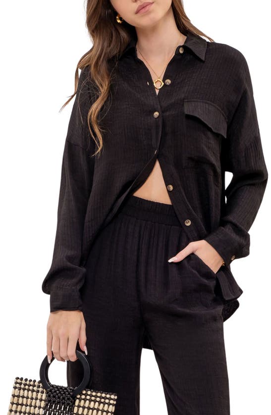Blu Pepper Textured Long Sleeve Button-up Top In Black