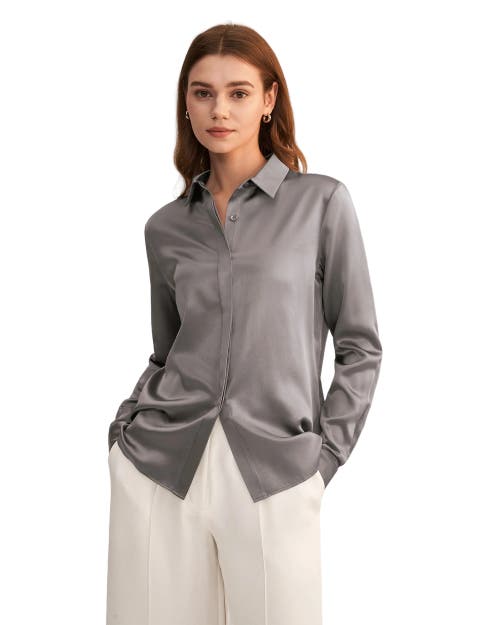 Shop Lilysilk Basic Concealed Placket Silk Shirt In Dark Gray