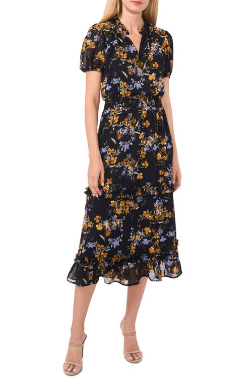 Shop Cece Floral Ruffle Smocked Midi Dress In Rich Black