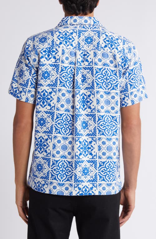 Shop Les Deux Tile Print Cotton Camp Shirt In Light Ivory/surf Blue