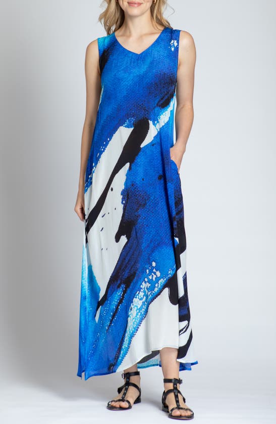 Apny Print V-neck Sleeveless Chiffon Midi Dress In Blue Multi