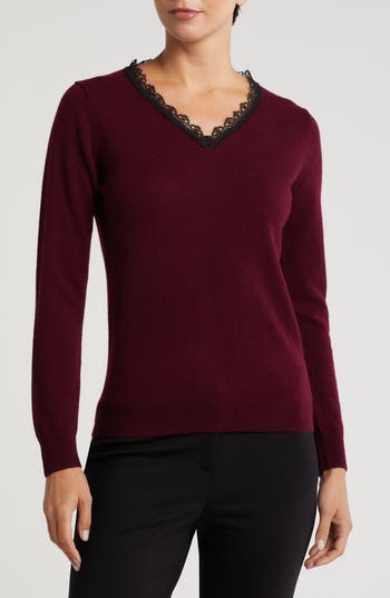 Sofia Cashmere Lace Trim V-neck Cashmere Sweater In Bordeaux