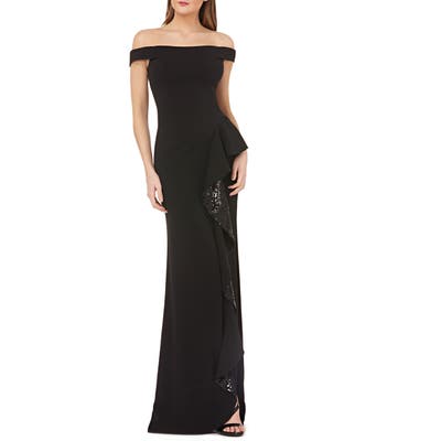 Carmen Marc Valvo Infusion Sequin Ruffle Off The Shoulder Gown, Black