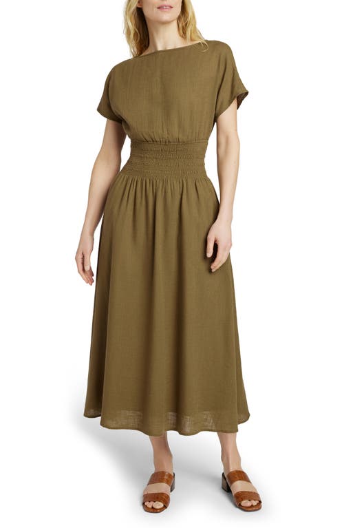 Coast to Coast Smocked Waist Organic Cotton Maxi Dress in Military Olive