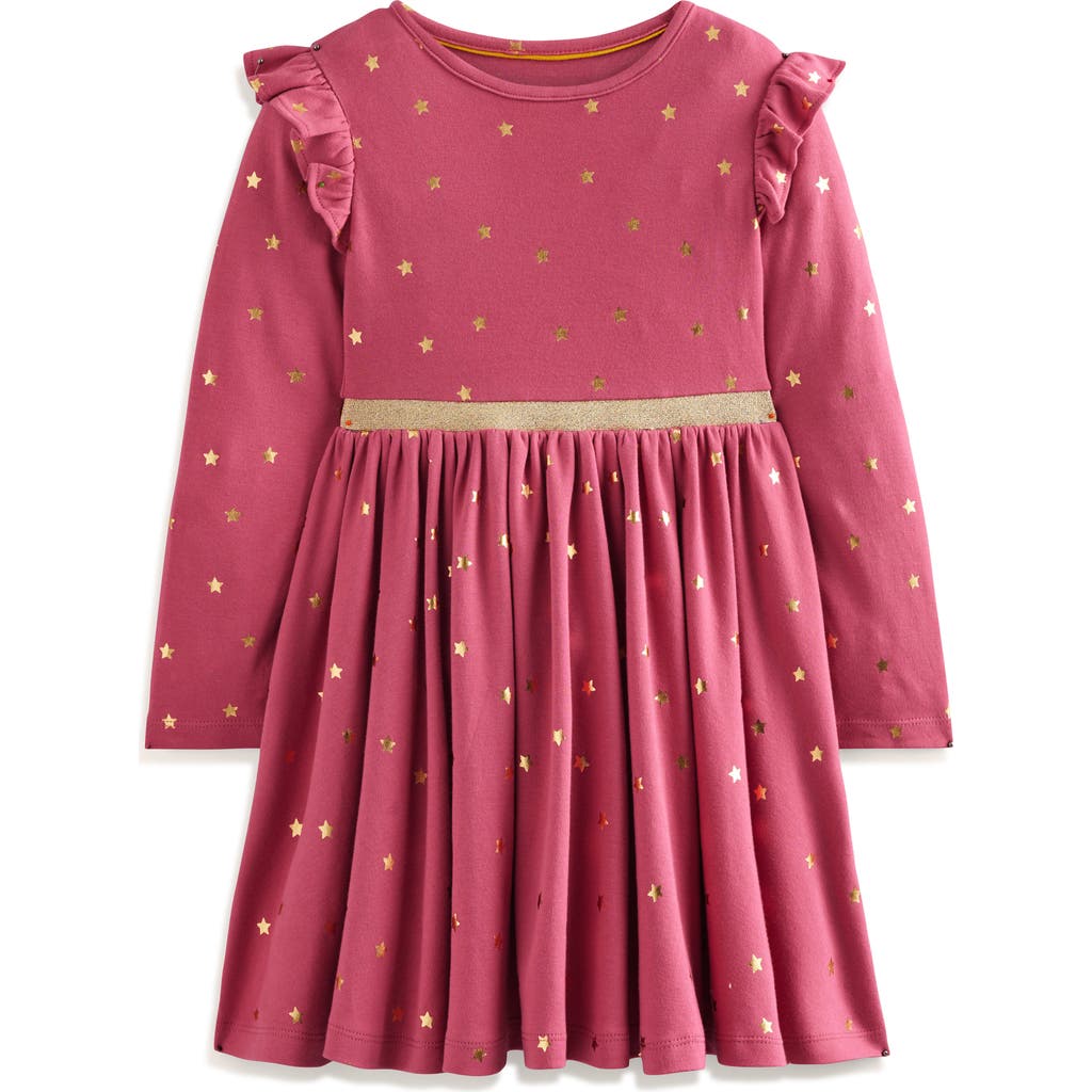 Mini Boden Kids' Mabel Foil Star Long Sleeve Cotton Twirly Dress In Rose Petal Pink Foil Stars