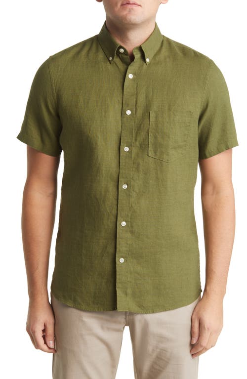 Nordstrom Solid Linen Short Sleeve Button-Down Shirt in Green Cypress