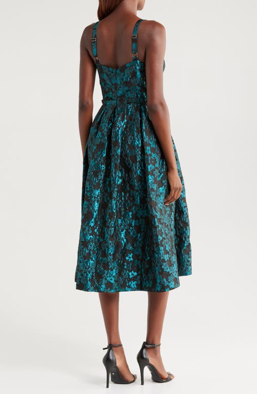 Shop Mila Mae Metallic Floral Jacquard Midi Dress In Black Teal