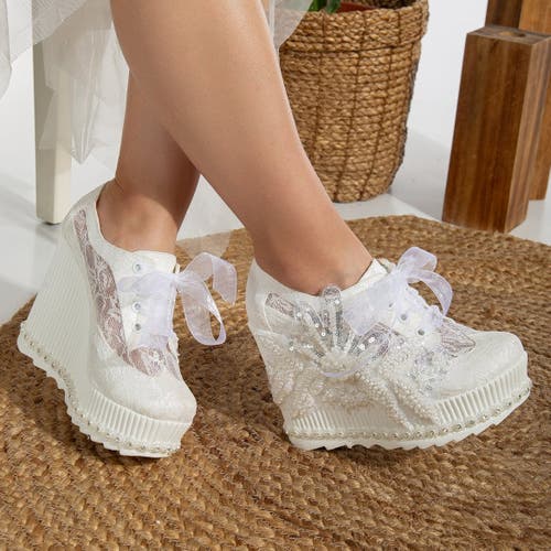 Forever & Always Shoes Sheri Lace Bridal Platform Sneakers In Ivory