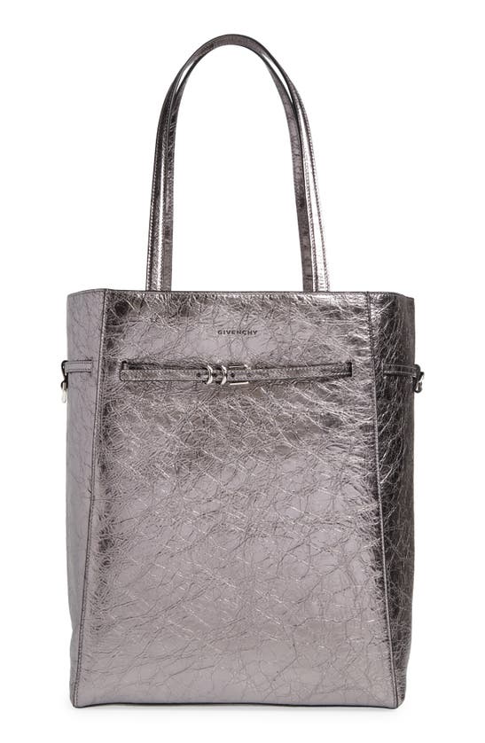 Givenchy Voyou Medium Metallic Leather Tote In Silvery Grey