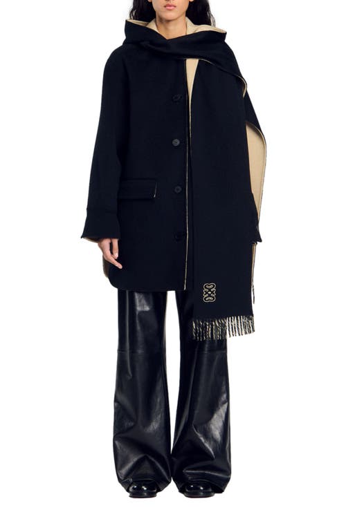 Sandro Wool Coat With Scarf In Black