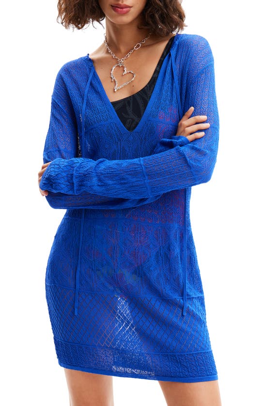 Shop Desigual El Cairo Long Sleeve Pointelle Cover-up Sweater Dress In Blue