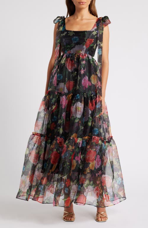 Shop Chelsea28 Bow Shoulder Floral Tiered Gown In Black Multi Floral