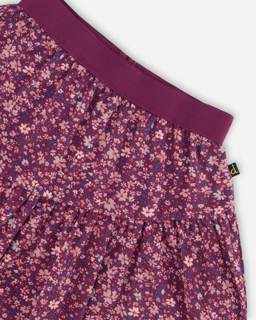 Shop Deux Par Deux Little Girl's Asymmetric Ruffle Skirt Burgundy Printed Little Flowers In Mini Flowers On Burgundy