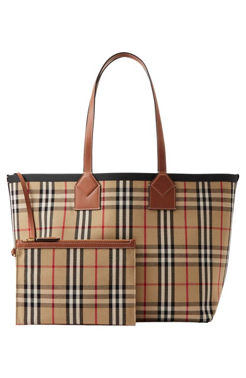 Shop Burberry Medium Heritage Check Canvas Tote In Briar Brown/black