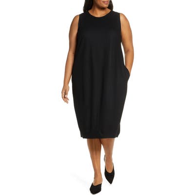 Plus Size Eileen Fisher Crewneck Sleeveless Wool Lantern Dress, Black