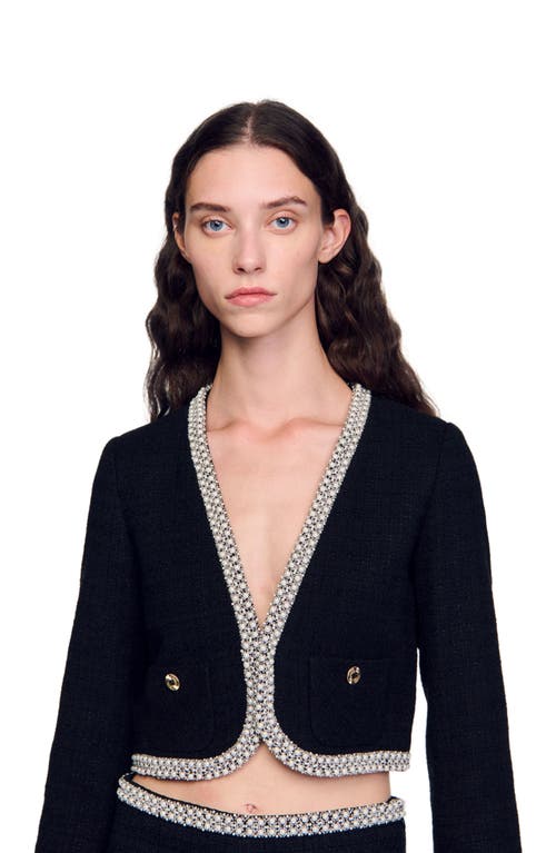 Shop Sandro Cropped Tweed Jacket In Black