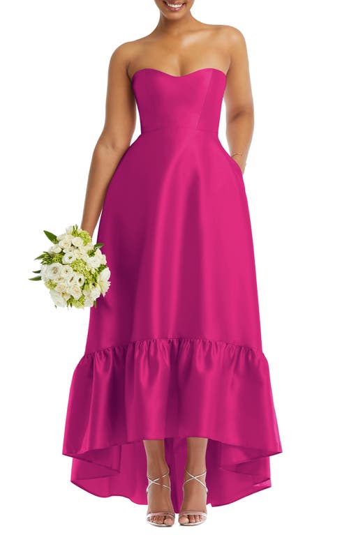 Strapless Ruffle High-Low Satin Gown in Think Pink