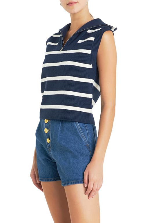 Shop English Factory Stripe Sleeveless Half Zip Sweater In Navy/ivory