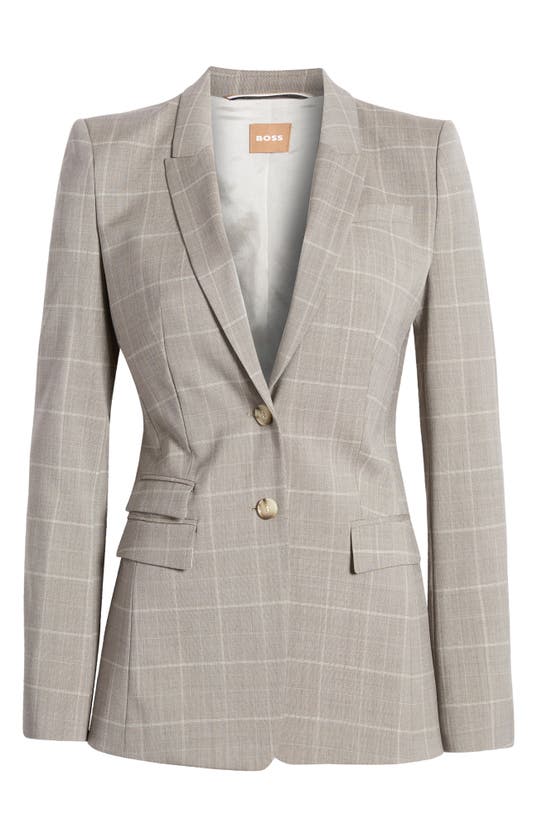 Shop Hugo Boss Boss Juicylara Windowpane Virgin Wool Single Breasted Blazer In Grey Miscellaneous