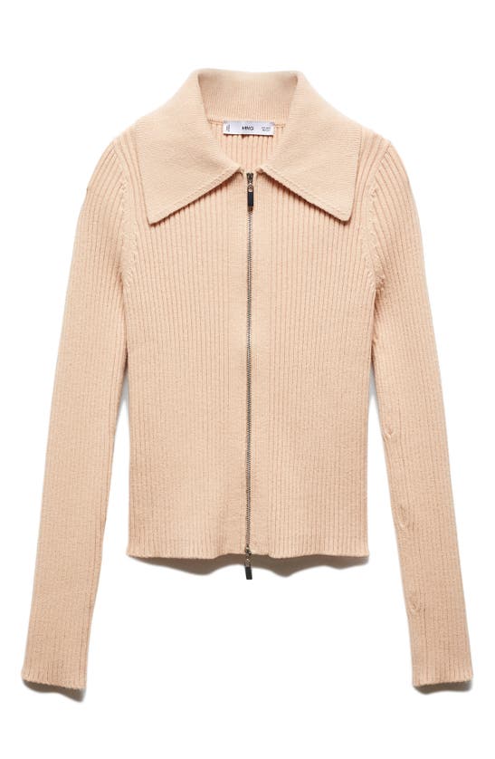 Mango Point Collar Zip Cardigan In Beige