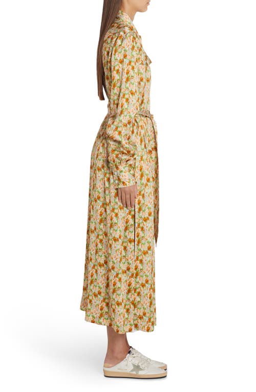 Shop Golden Goose Floral Print Belted Long Sleeve Crepe Shirtdress In Green Essence/pink Flower