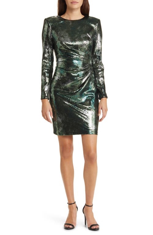 Vince Camuto Ruched Sequin Long Sleeve Body-Con Dress Olive at Nordstrom,