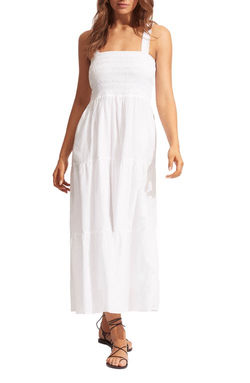Seafolly Beach House Smocked Cotton Cover-Up Dress in White