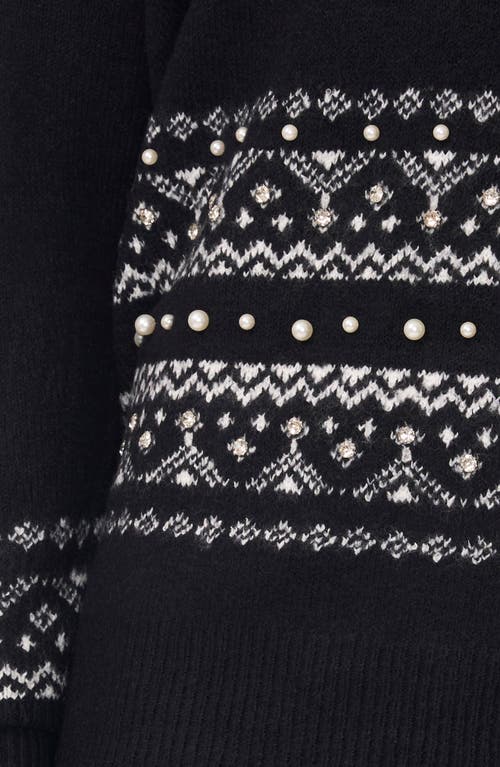 Shop Cece Embellished Fair Isle Crewneck Sweater In Rich Black