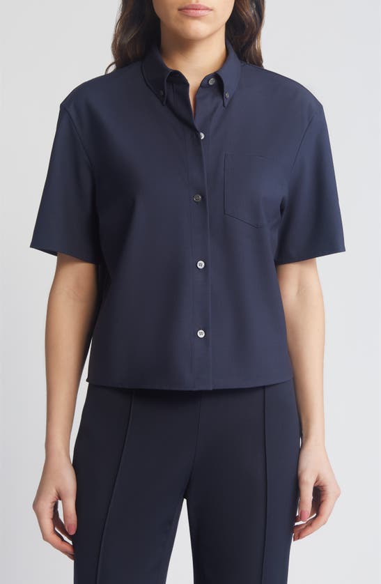 Shop Theory Boxy Short Sleeve Wool Blend Button-down Shirt In Nocturne Navy